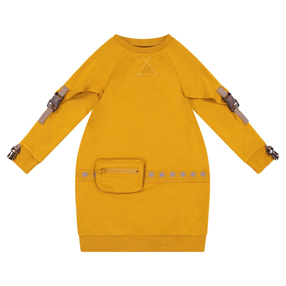 SOLID Buckle Sleeve Bubble Pouch Dress - Mustard - FINAL SALE