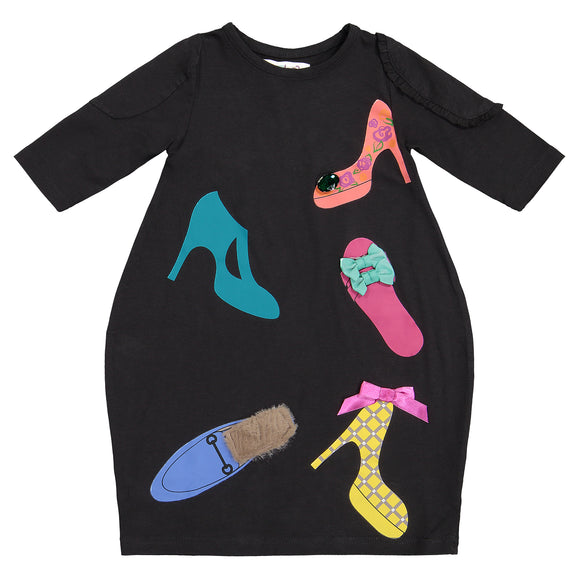 SLEEVE PATCH BUBBLE Shoe Print Dress - ITEM RUNS SMALL, SIZE UP LARGER THAN DESCRIPTION BELOW