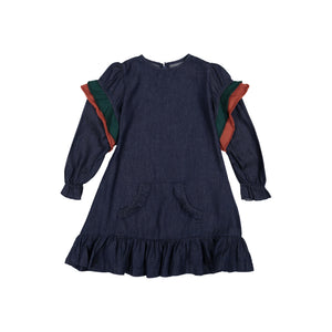 DENIM Kangaroo Pocket Dress - Dark Denim HUNTER/RUST RUFFLE