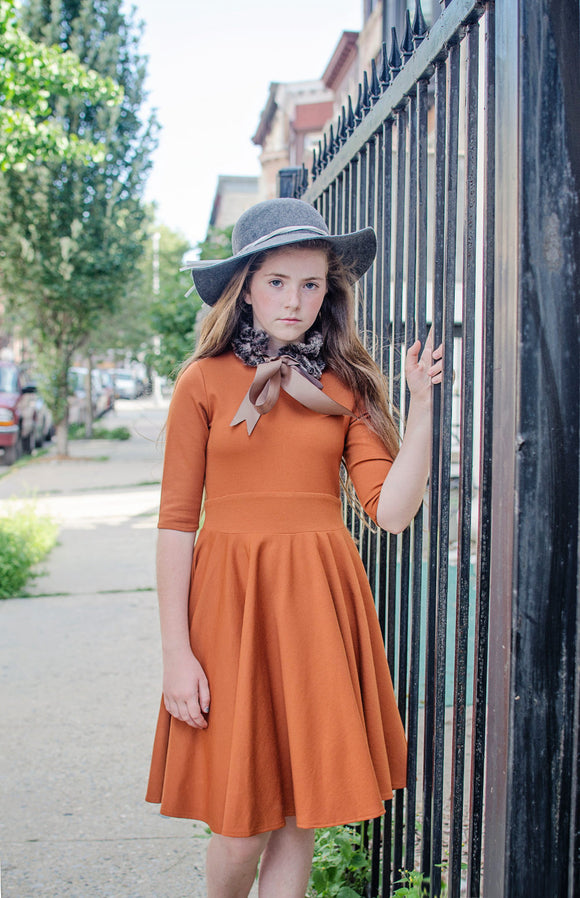 Rust Orange Circle Dress with Fur Collar