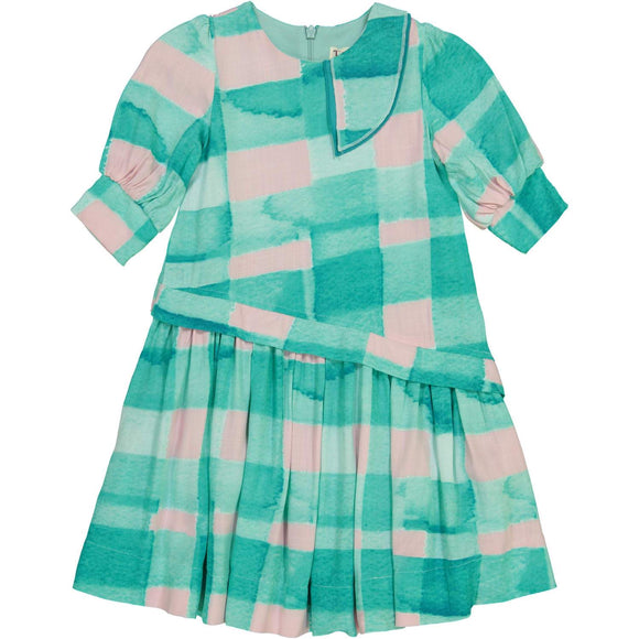 Teela Girls' CLOE Asymmetrical Robin Blue Gingham Waist Dress
