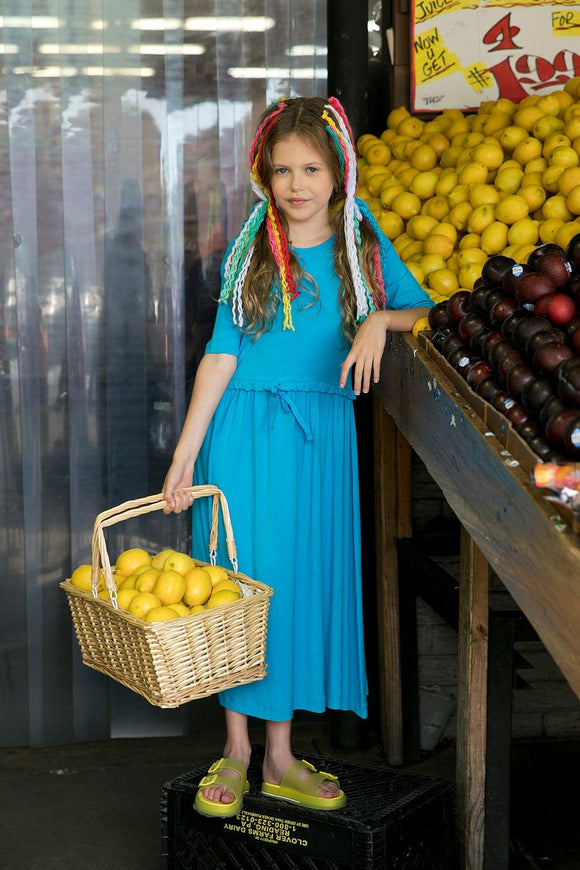 Teela Girls' Drawstring Turquoise Maxi Dress